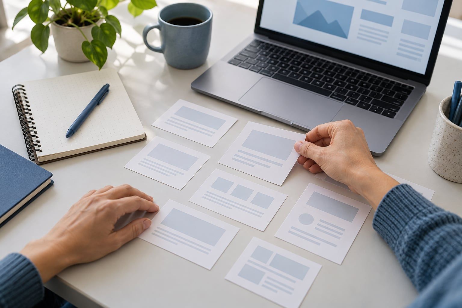 Hands arranging paper page outlines beside a laptop