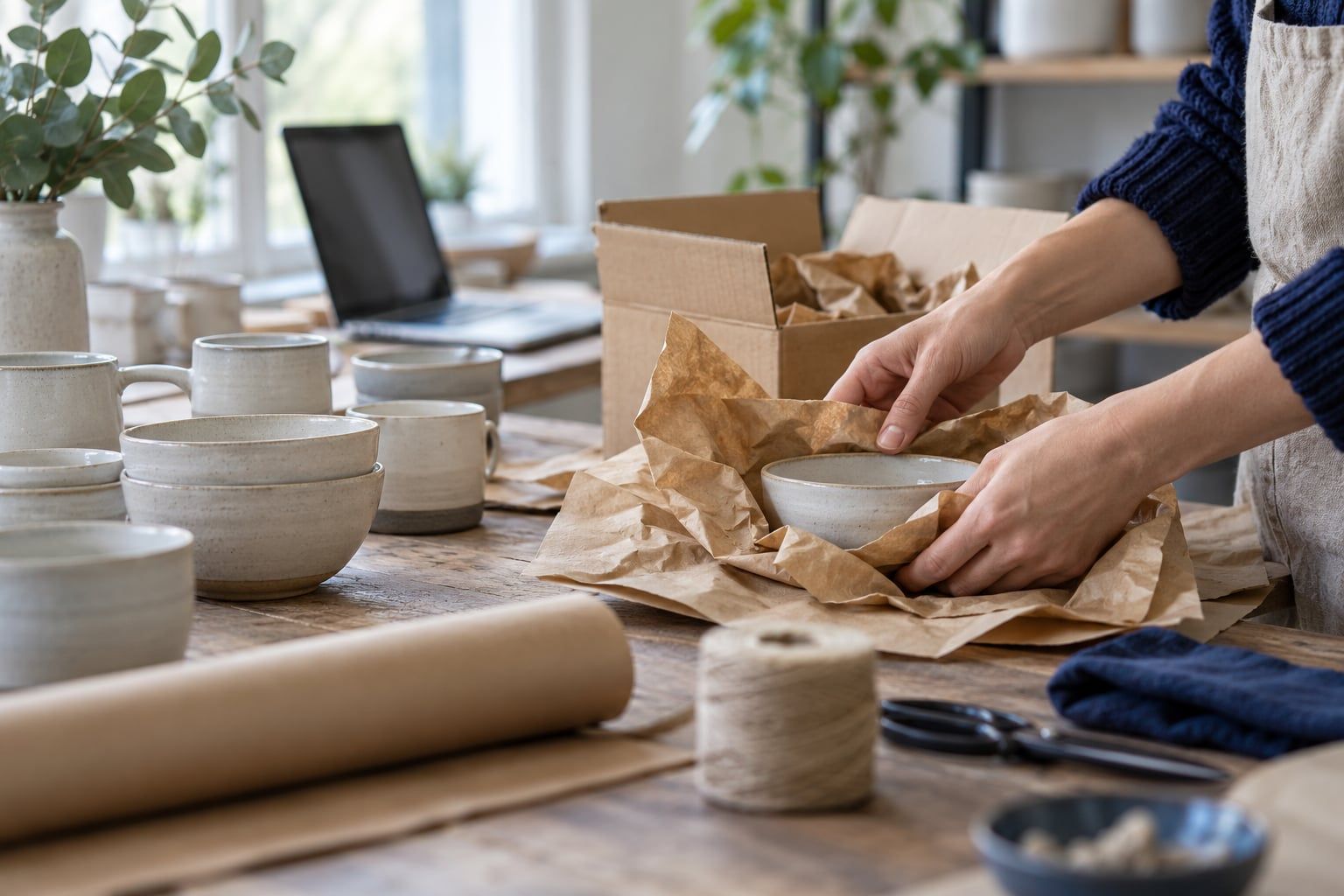 Hands wrapping ceramic products for an online order