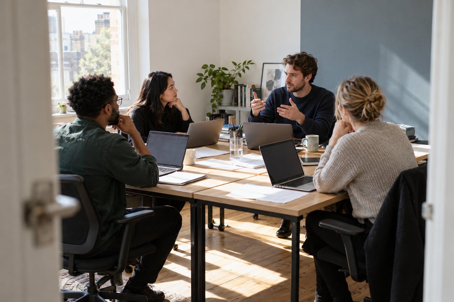 Four professionals discussing work around shared desks